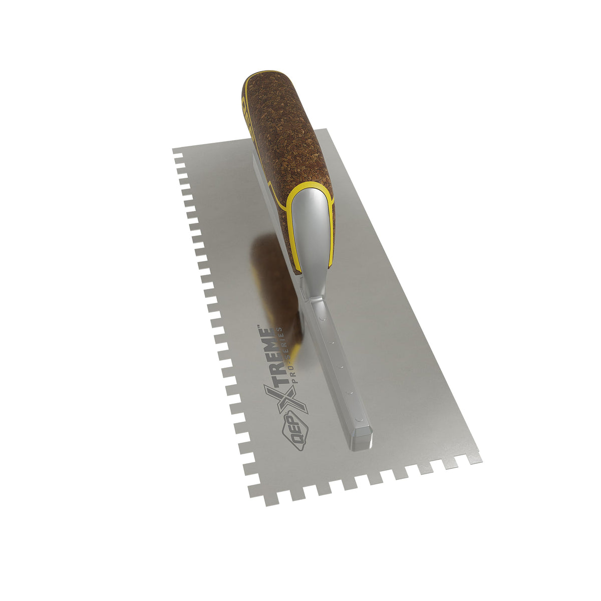 1/4" x 1/4" x 1/4" Square Notch Stainless Xtreme Trowel w/ Cork Handle - 360 Spin Image - 3