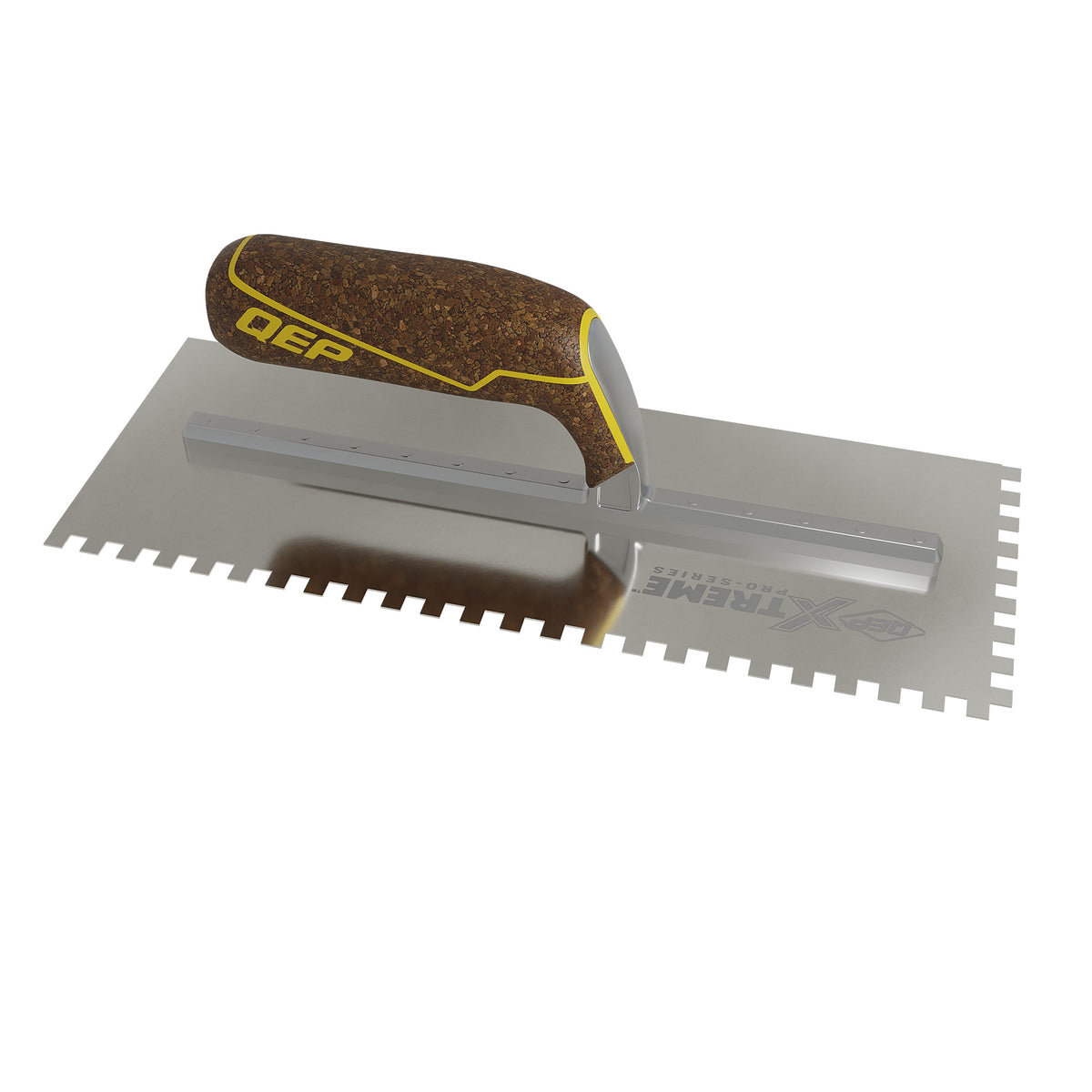 1/4" x 1/4" x 1/4" Square Notch Stainless Xtreme Trowel w/ Cork Handle - 360 Spin Image - 22