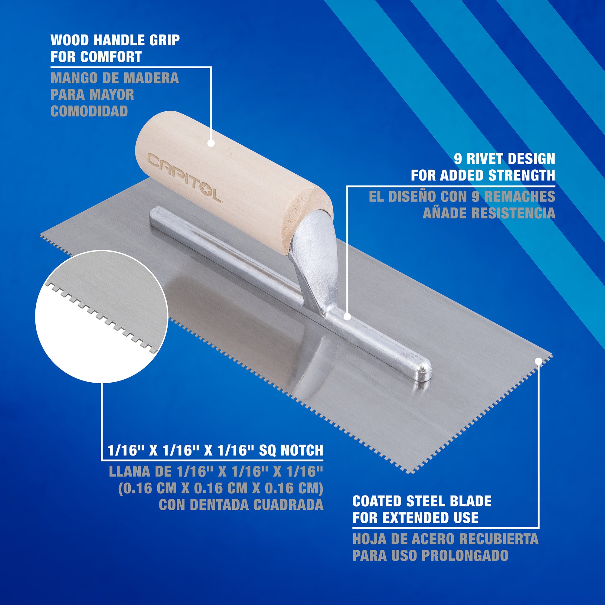 1/16" x 1/16" x 1/16" Square Notch Pro Flooring Adhesive Trowel - 2