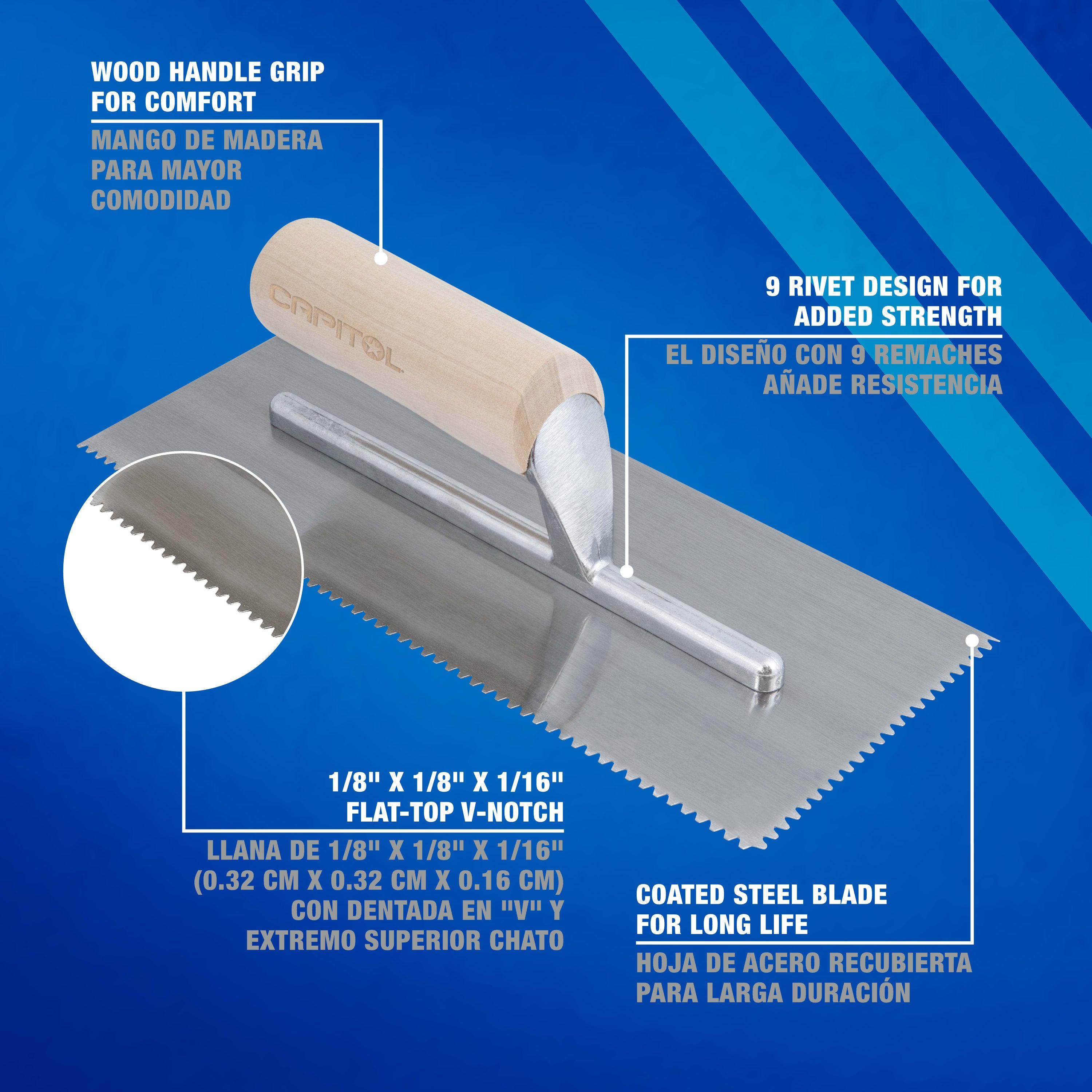1/8" x 1/8" x 1/16" Flat Top V-Notch Pro Flooring Adhesive Trowel - 2
