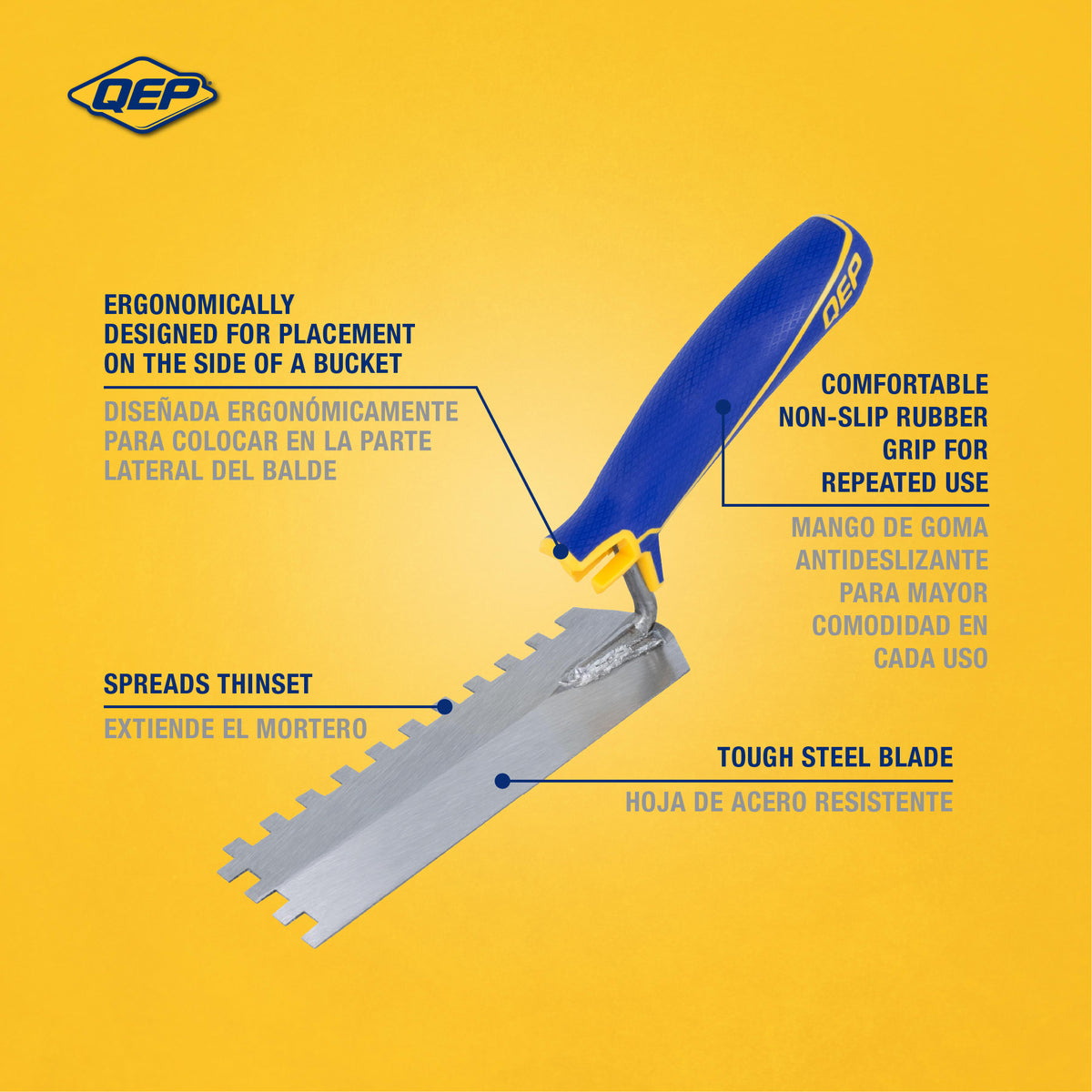 1/4" x 1/4" x 1/4" Square Notch Margin Trowel with Bucket Hook - 2