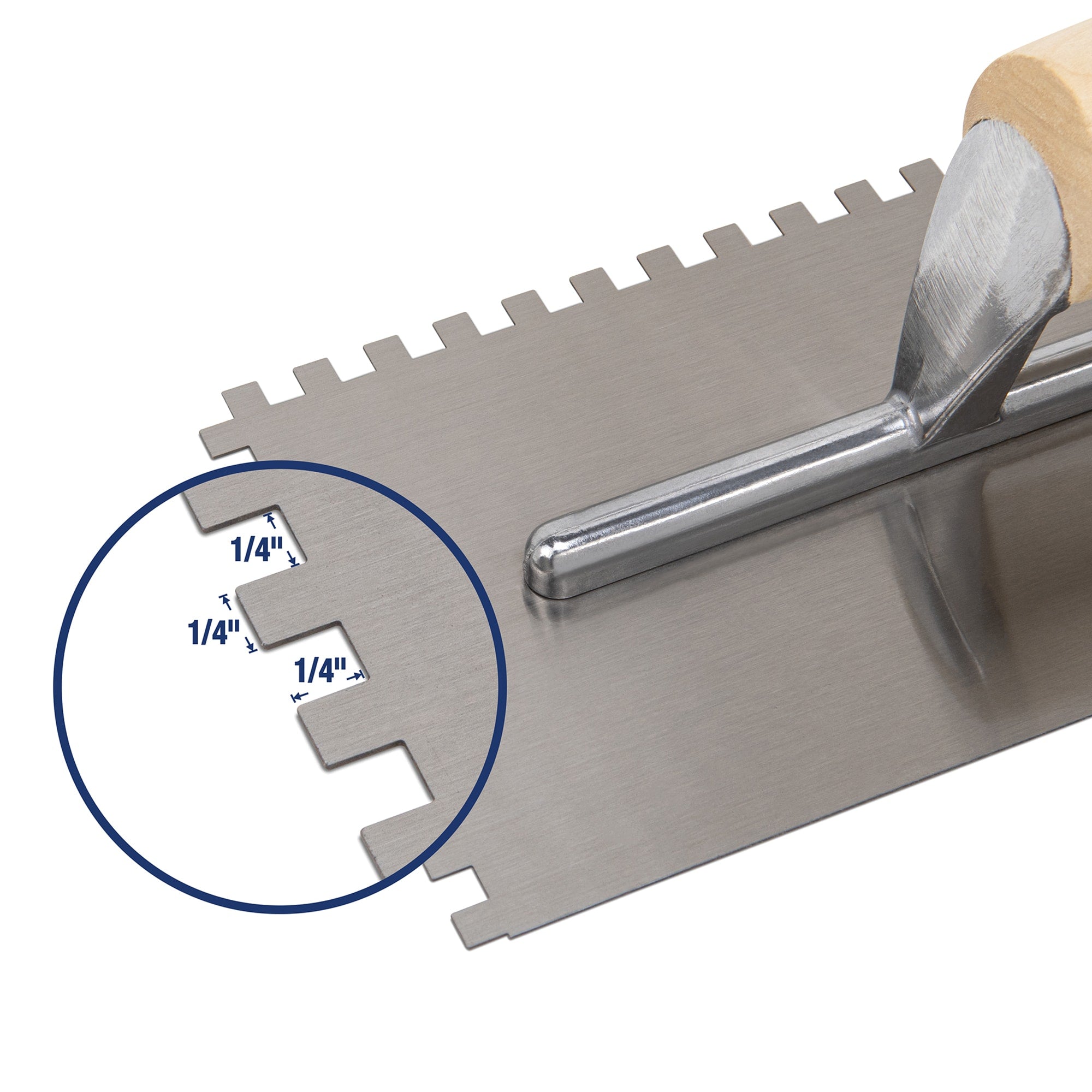1/4" x 1/4" x 1/4" Square Notch Carbon Steel Trowel w/ Wood Handle - 3