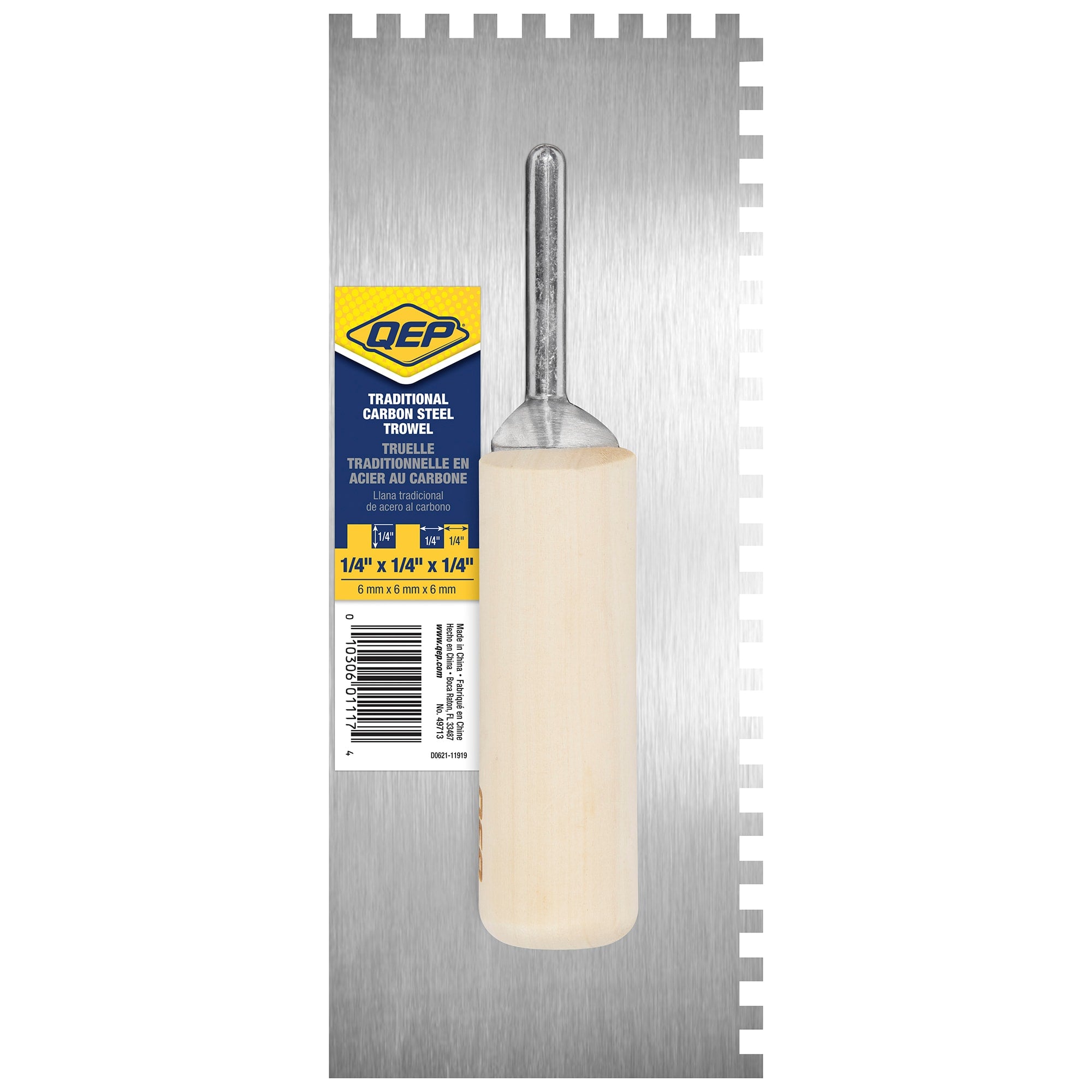 1/4" x 1/4" x 1/4" Square Notch Carbon Steel Trowel w/ Wood Handle - 7