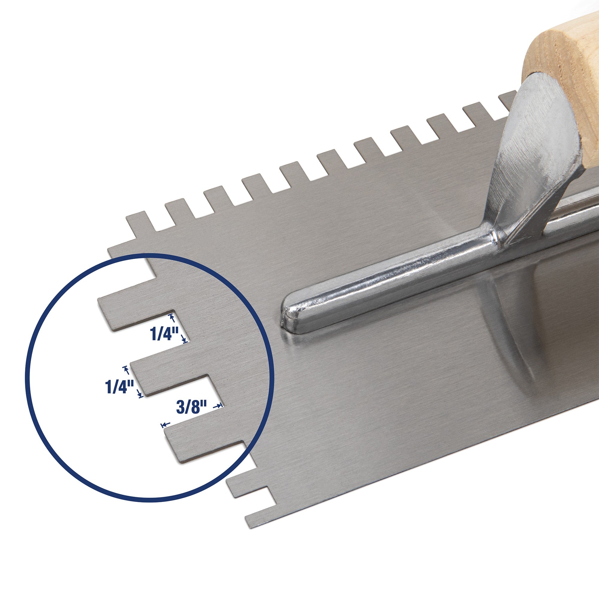 1/4" x 3/8" x 1/4" Square Notch Carbon Steel Trowel w/ Wood Handle - 7