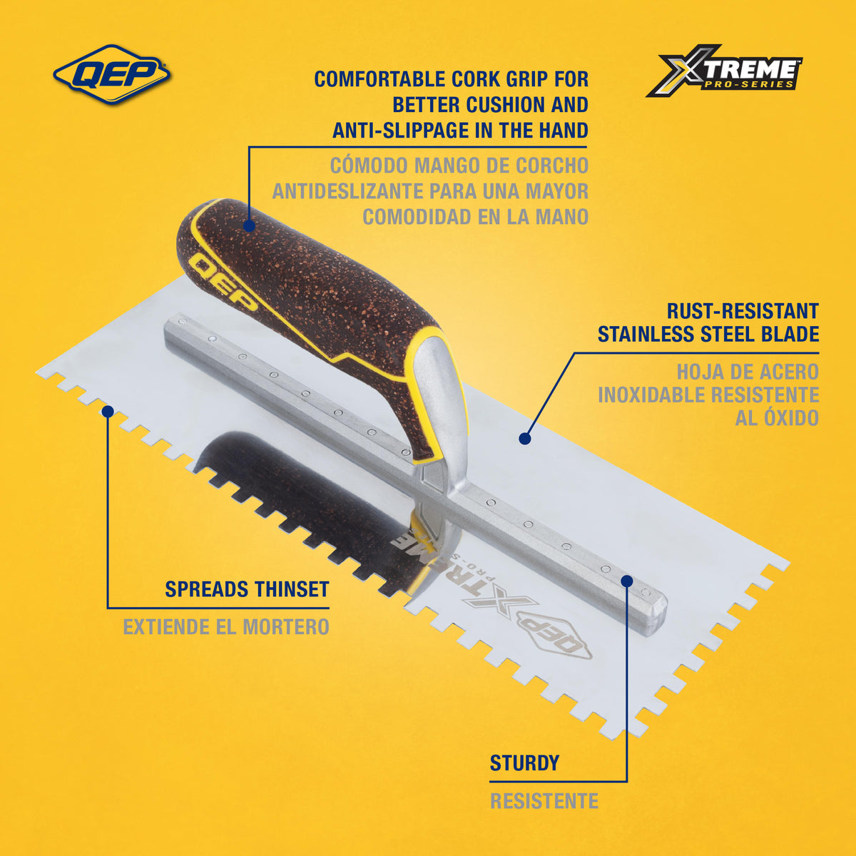 1/4" x 1/4" x 1/4" Square Notch Stainless Xtreme Trowel w/ Cork Handle - 2