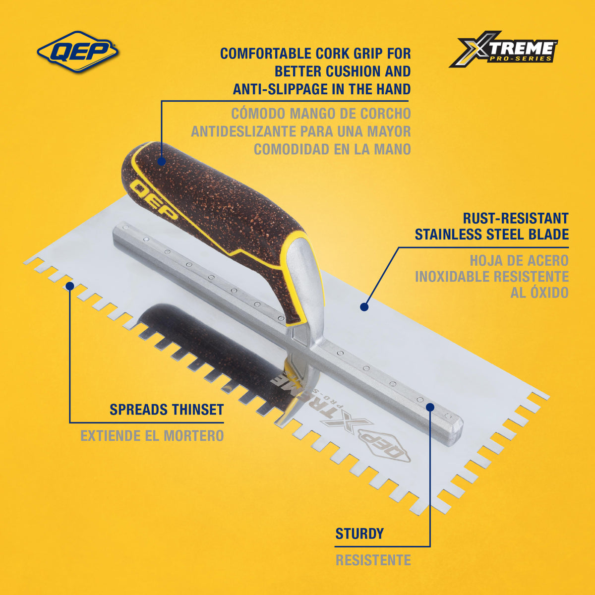 1/4" x 3/8" x 1/4" Square Notch Stainless Xtreme Trowel w/ Cork Handle - 2
