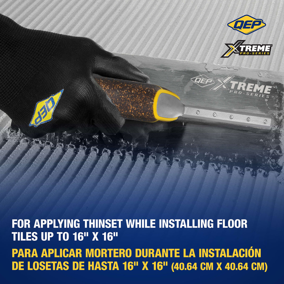 1/4" x 3/8" x 1/4" Square Notch Stainless Xtreme Trowel w/ Cork Handle - 3