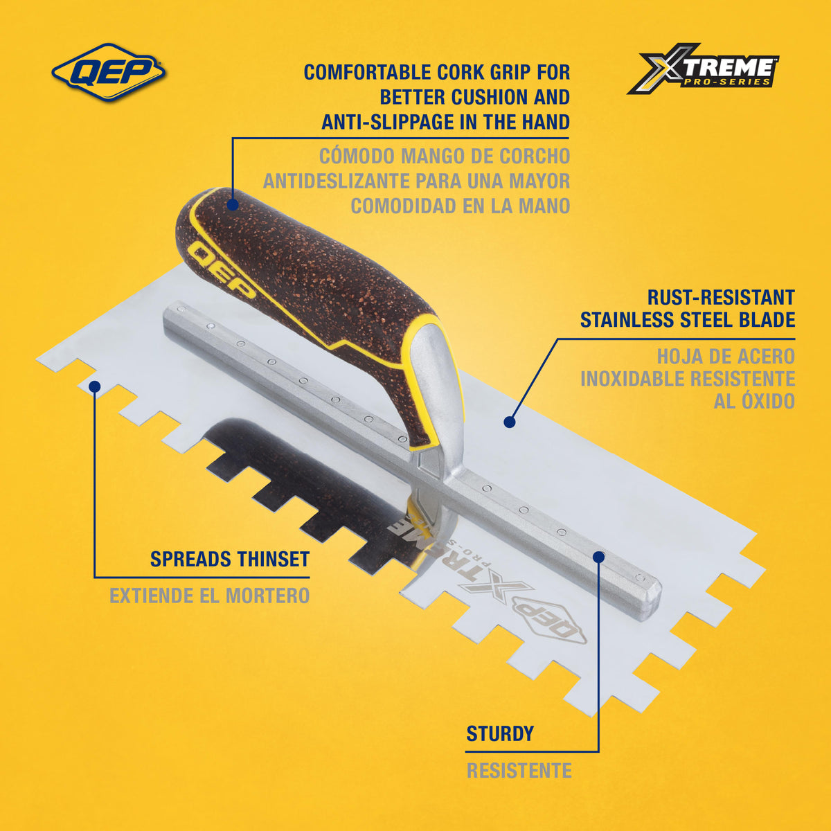 1/2" x 1/2" x 1/2" Square Notch Stainless Xtreme Trowel w/ Cork Handle - 2