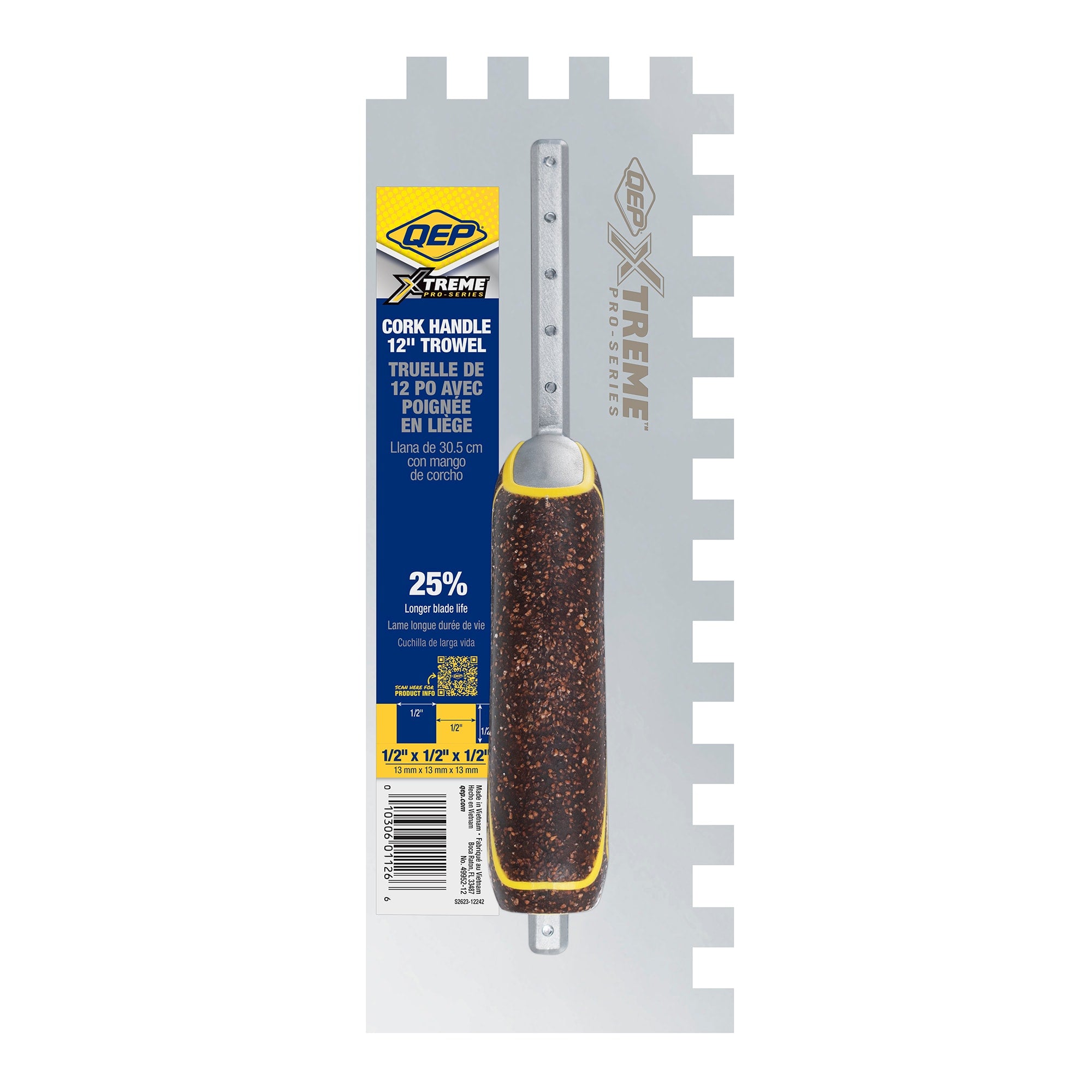 1/2" x 1/2" x 1/2" Square Notch Stainless Xtreme Trowel w/ Cork Handle - 8