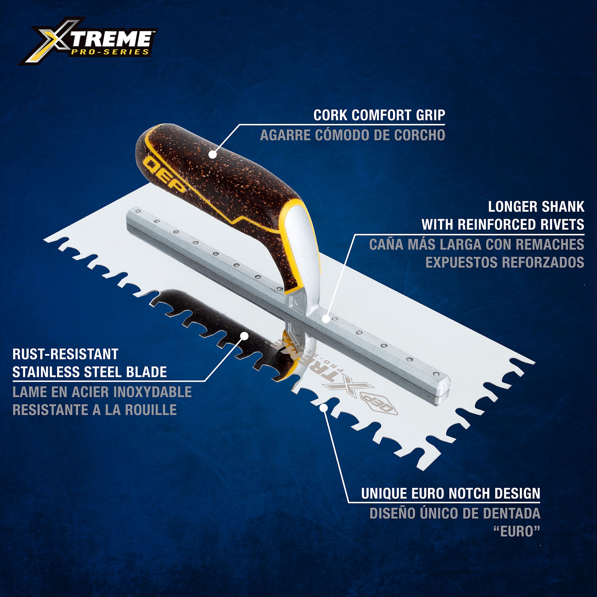 Euro Notch Stainless Steel Xtreme Trowel with Cork Handle - 2