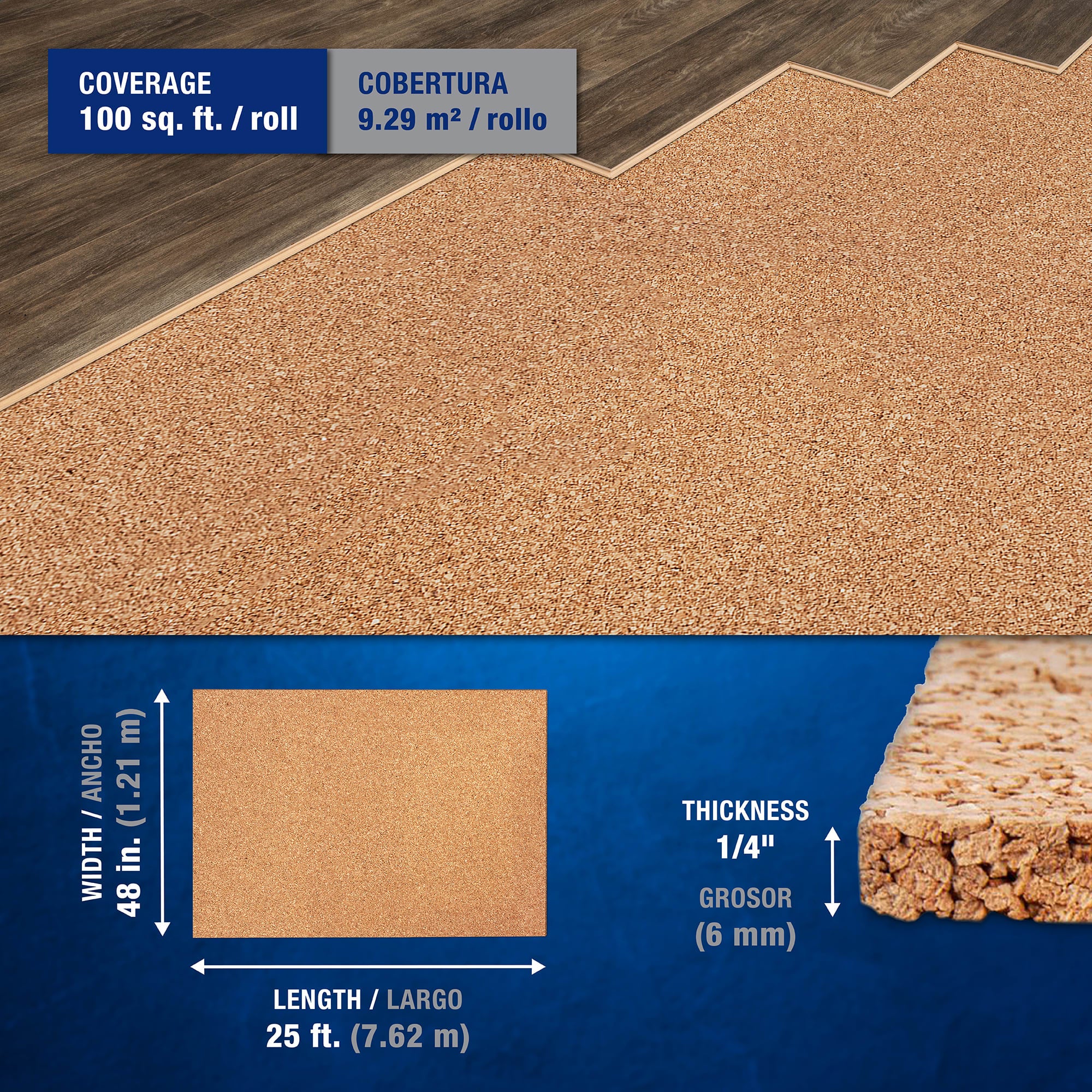 Natural Cork Underlayment Roll - 6 mm - 100 sq. ft. (4' x 25') - 2
