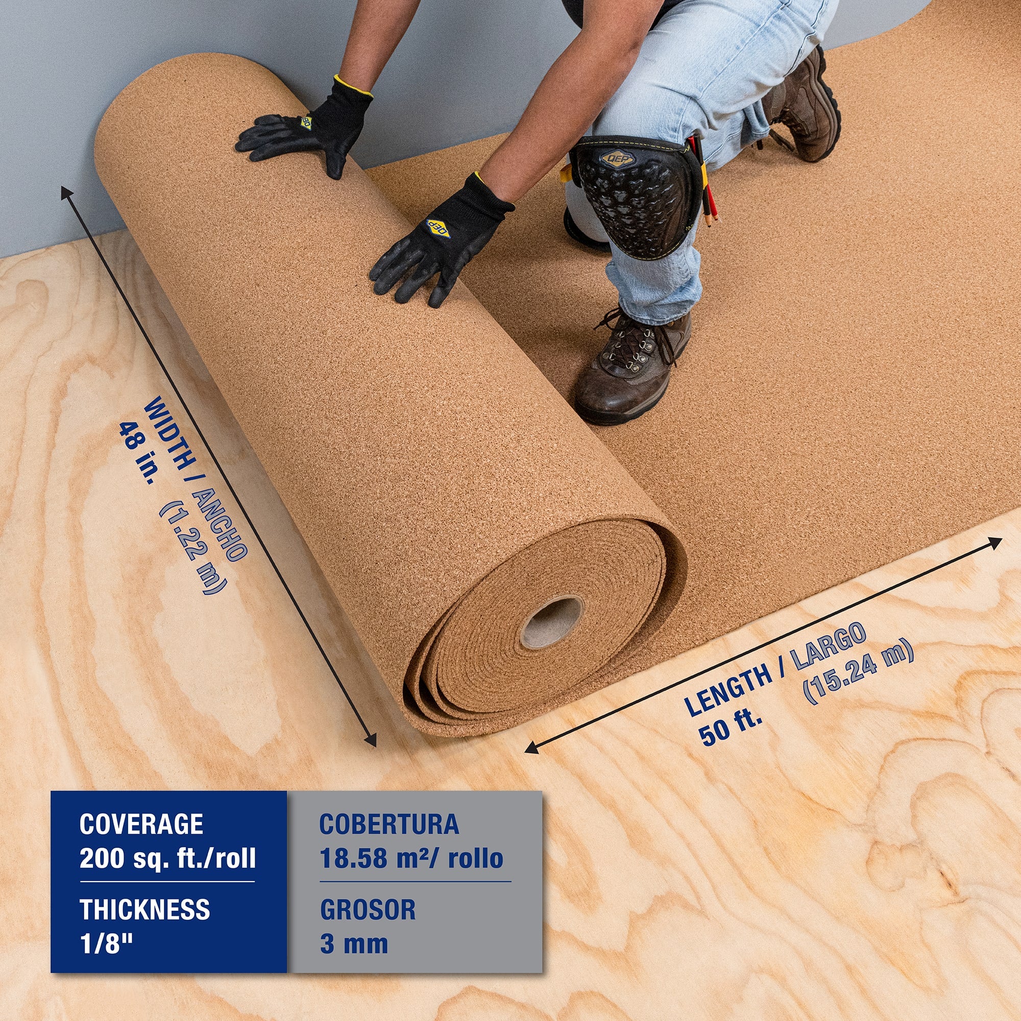 Natural Cork Underlayment Roll - 3 mm - 200 sq. ft. (4' x 50') - 2