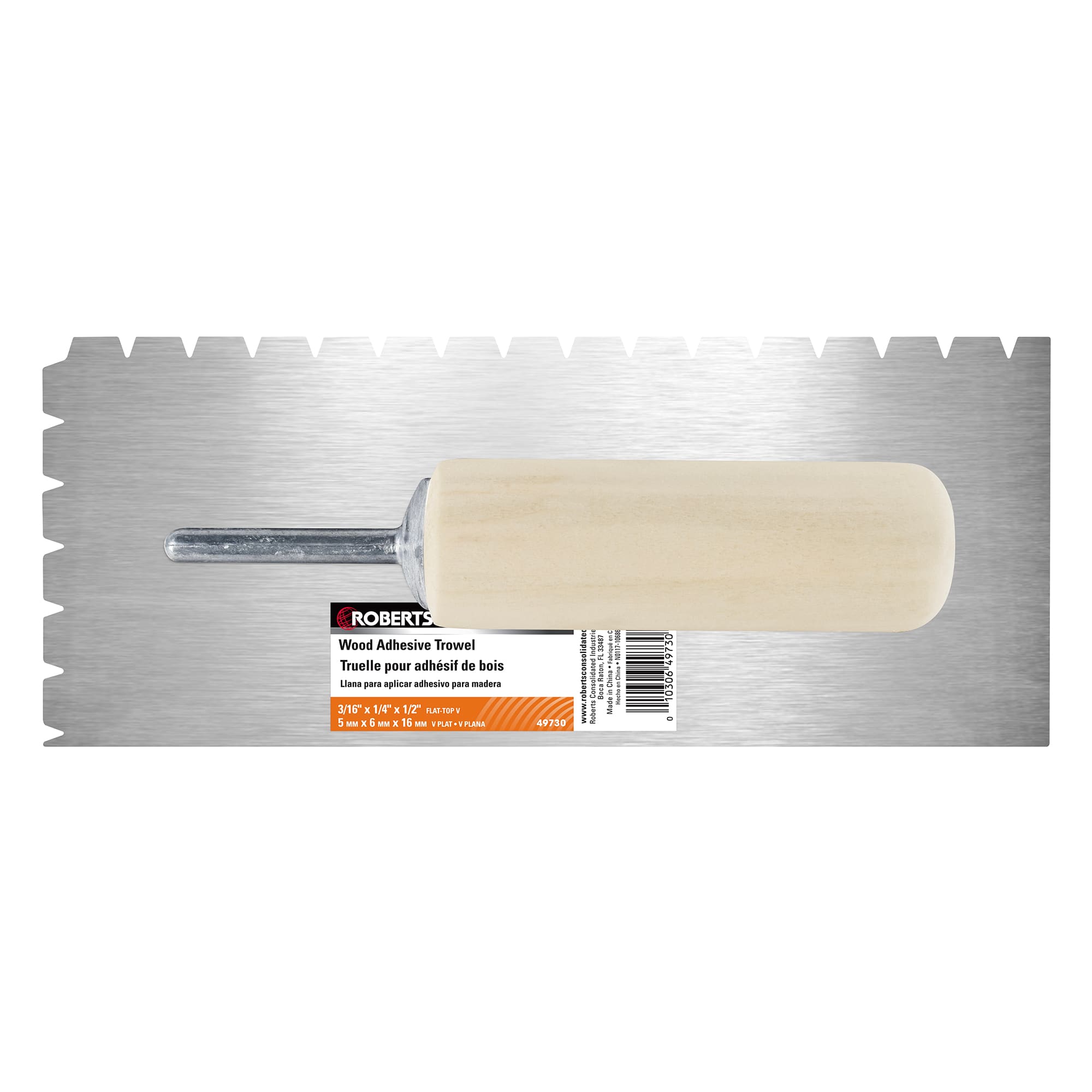 3/16" x 1/4" x 1/2" Flat-Top V-Notch Steel Pro Trowel w/ Wood Handle - 7