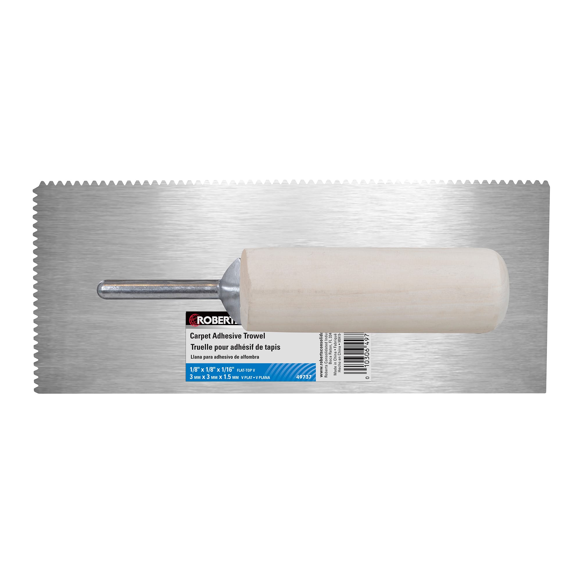 1/8" x 1/8" x 1/16" Flat Top V-Notch Pro Trowel w/ Wood Handle - 8