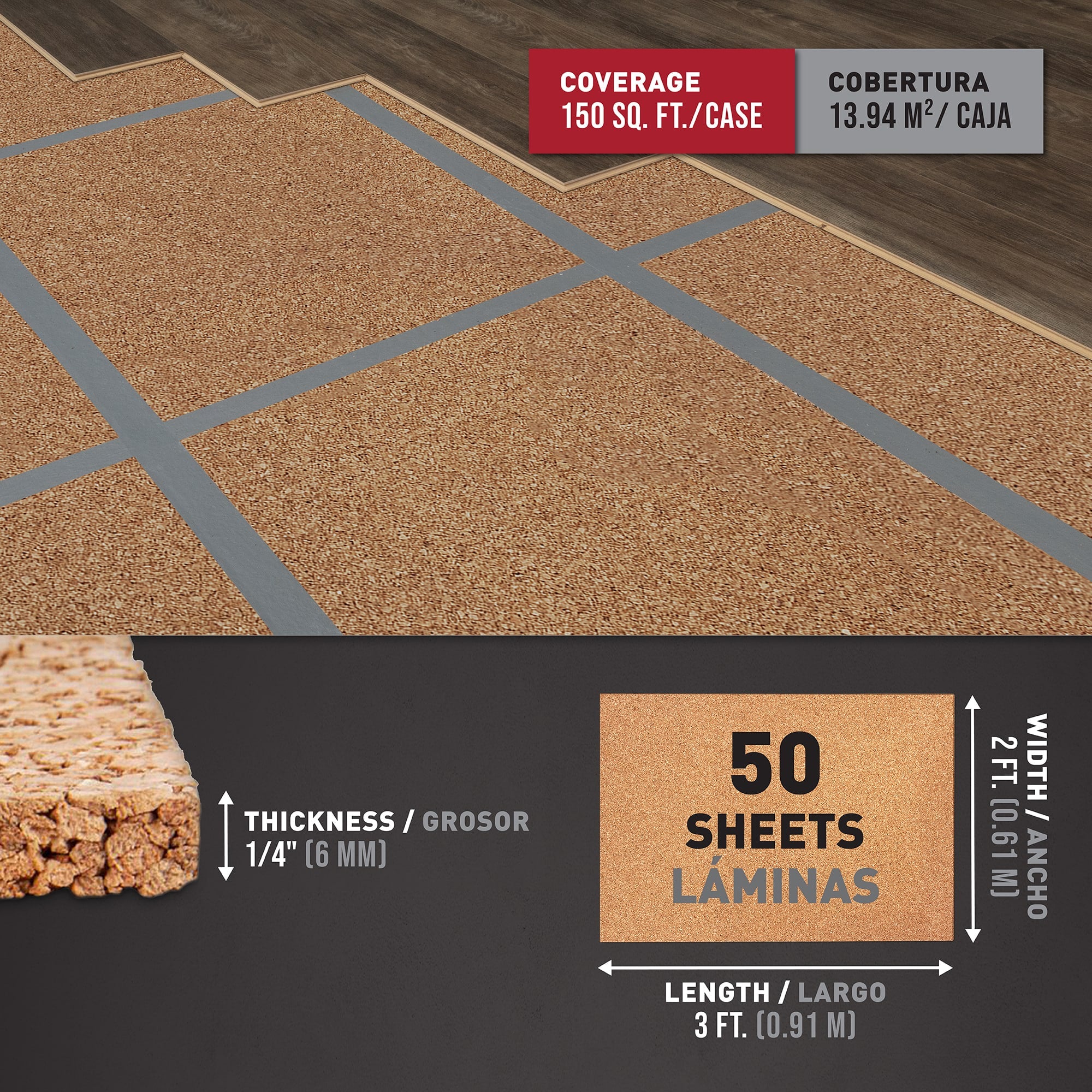 Natural Cork Underlayment Sheets - 6 mm - 300 sq. ft. (50 sheets) - 2