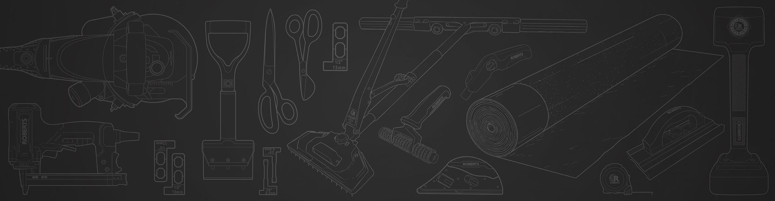 Outline illustrations of various tools on a dark background
