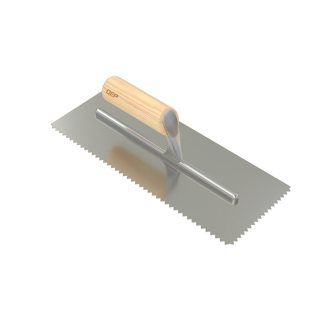 1/4" x 3/16" V-Notch Carbon Steel Trowel with Wood Handle - 360 Spin Image - 1