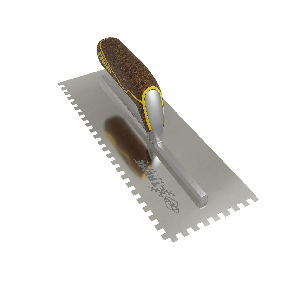 1/4" x 1/4" x 1/4" Square Notch Stainless Xtreme Trowel w/ Cork Handle - 360 Spin Image - 2