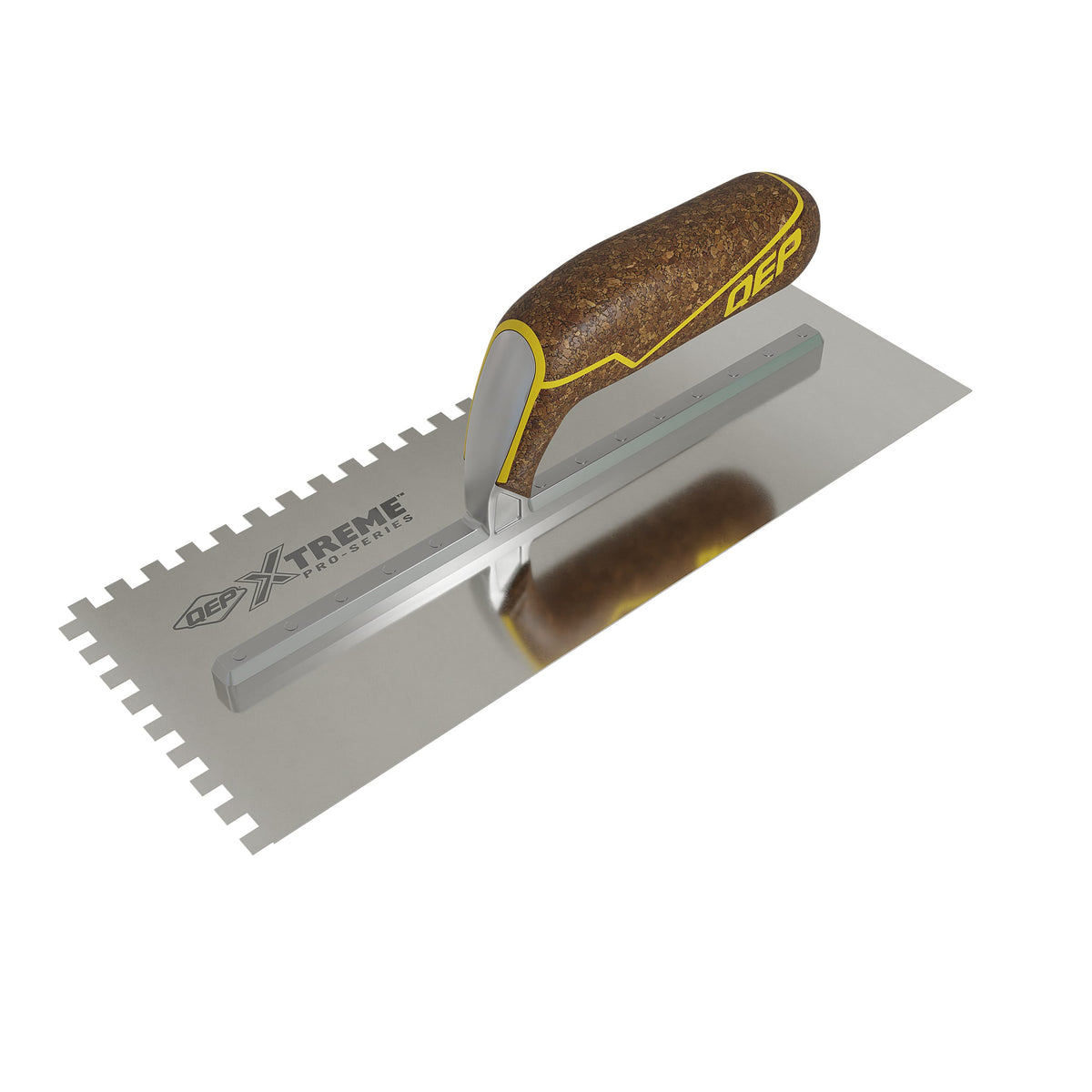 1/4" x 1/4" x 1/4" Square Notch Stainless Xtreme Trowel w/ Cork Handle - 360 Spin Image - 7