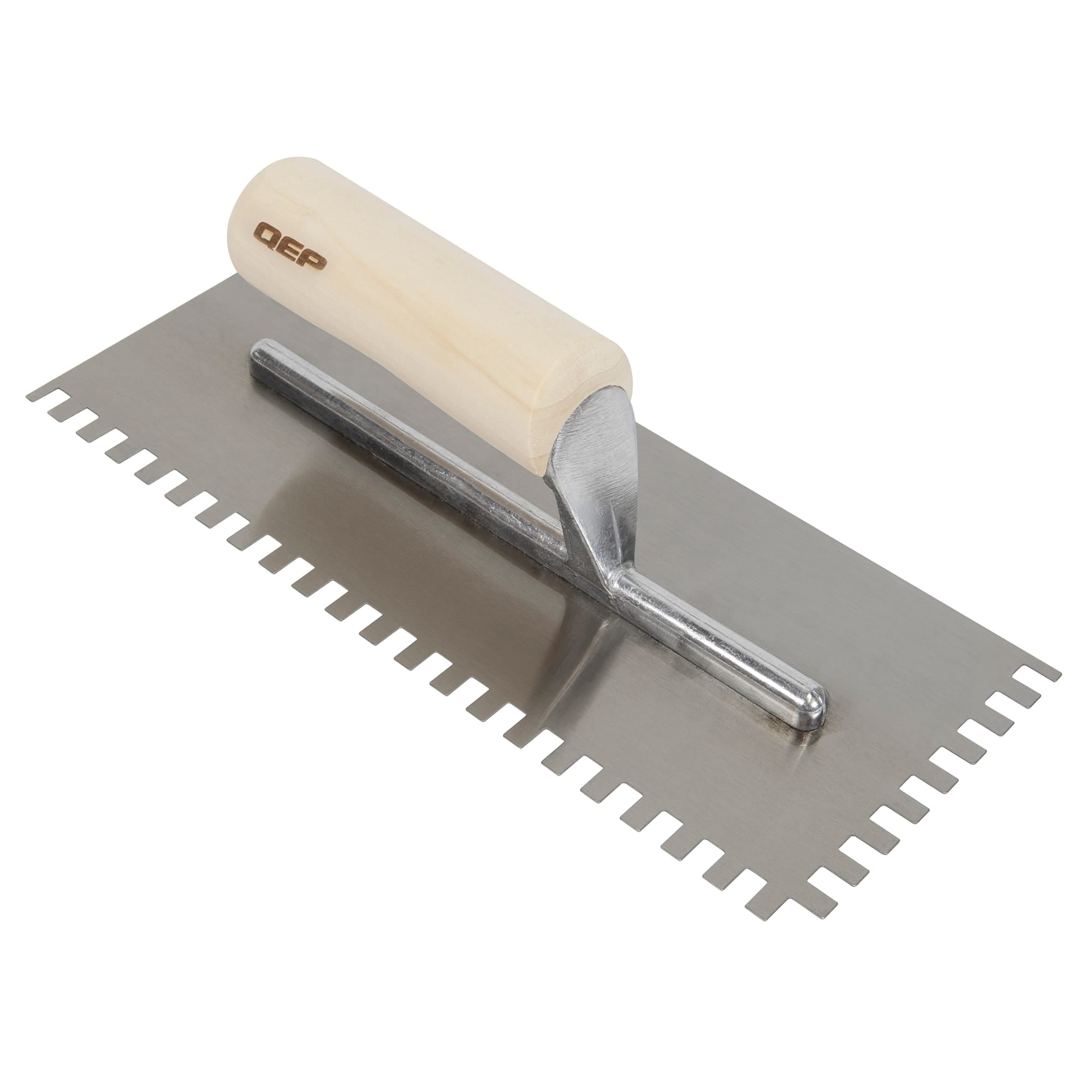 1/4" x 3/8" x 1/4" Square Notch Carbon Steel Trowel w/ Wood Handle - 1