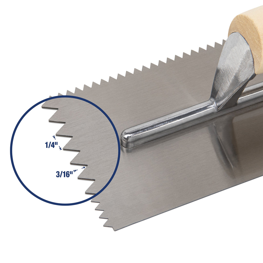 1/4" x 3/16" V-Notch Carbon Steel Trowel with Wood Handle - 7