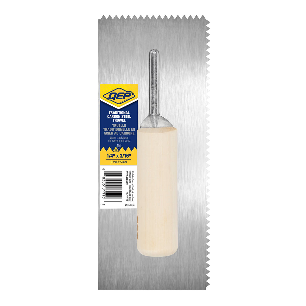 1/4" x 3/16" V-Notch Carbon Steel Trowel with Wood Handle - 8