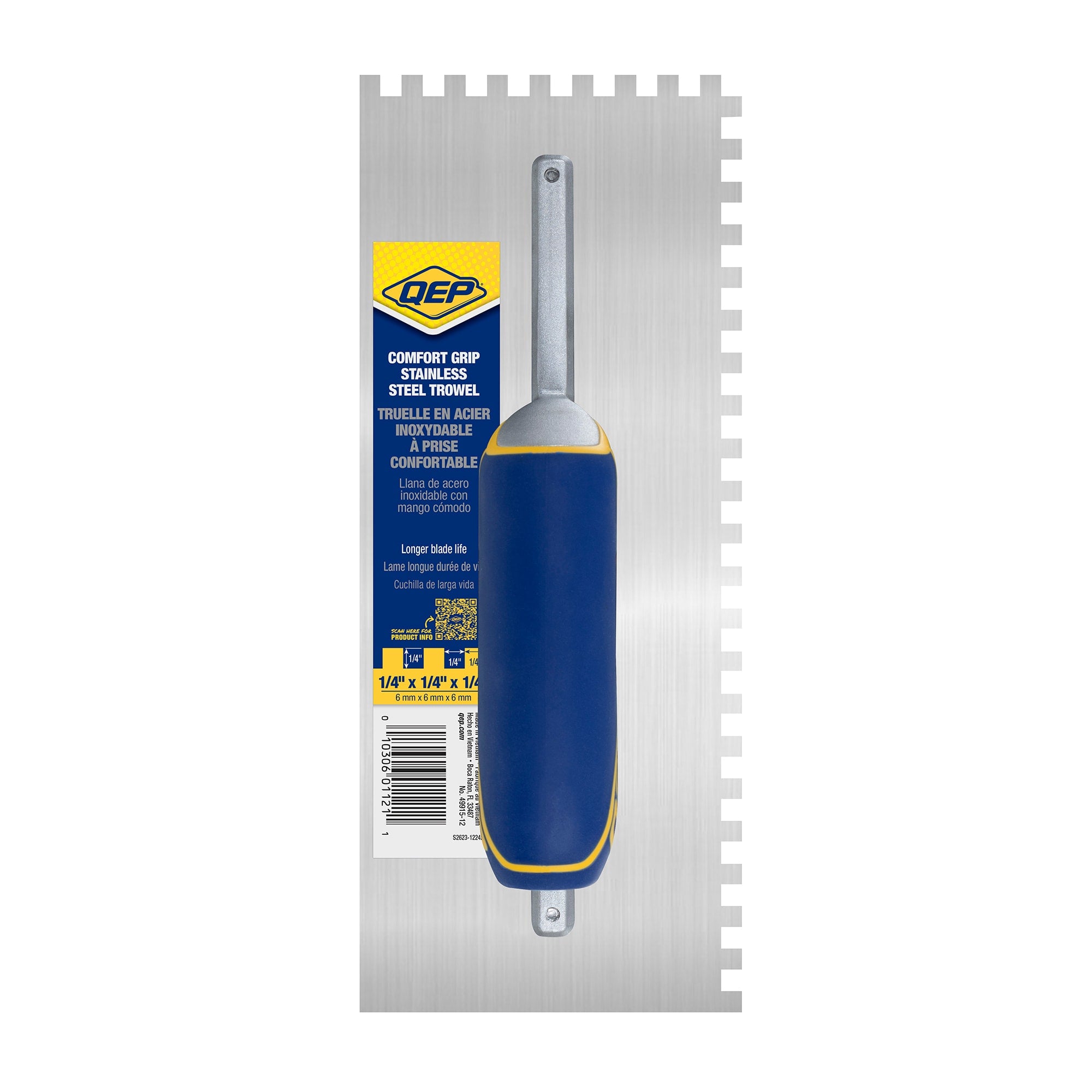 1/4" x 1/4" x 1/4" Square Notch Stainless Trowel w/ Comfort Grip - 6