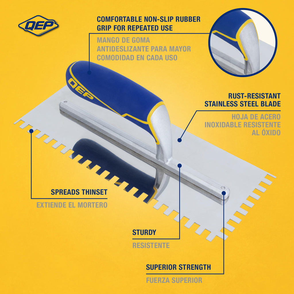 1/4" x 3/8" x 1/4" Square Notch Stainless Trowel w/ Comfort Grip - 2