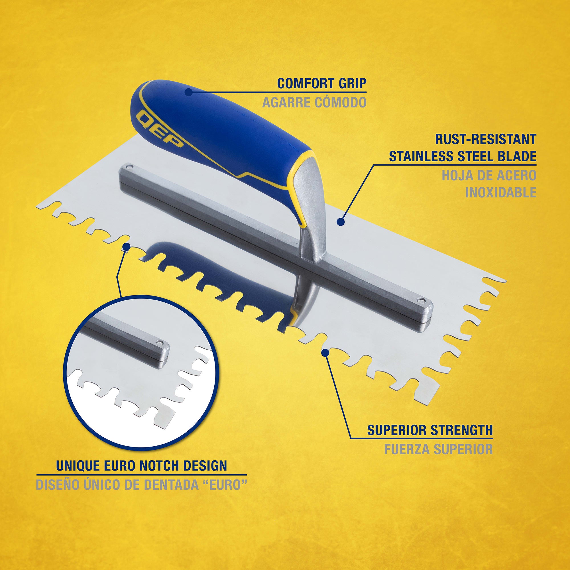 Euro Notch Stainless Steel Trowel w/ Comfort Grip Handle - 2