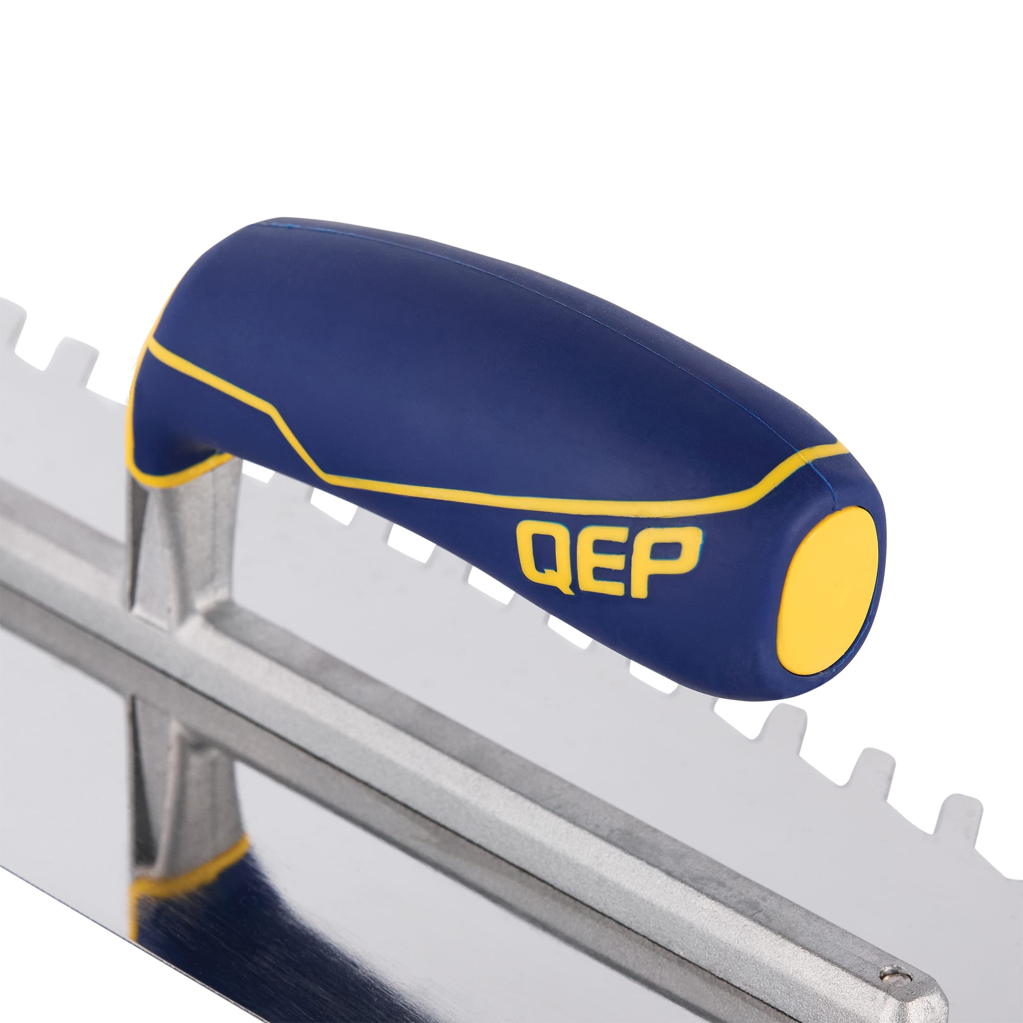 1/2" x 1/2" x 3/16" Slant Notch Stainless Steel Trowel w/ Comfort Grip Handle - 2