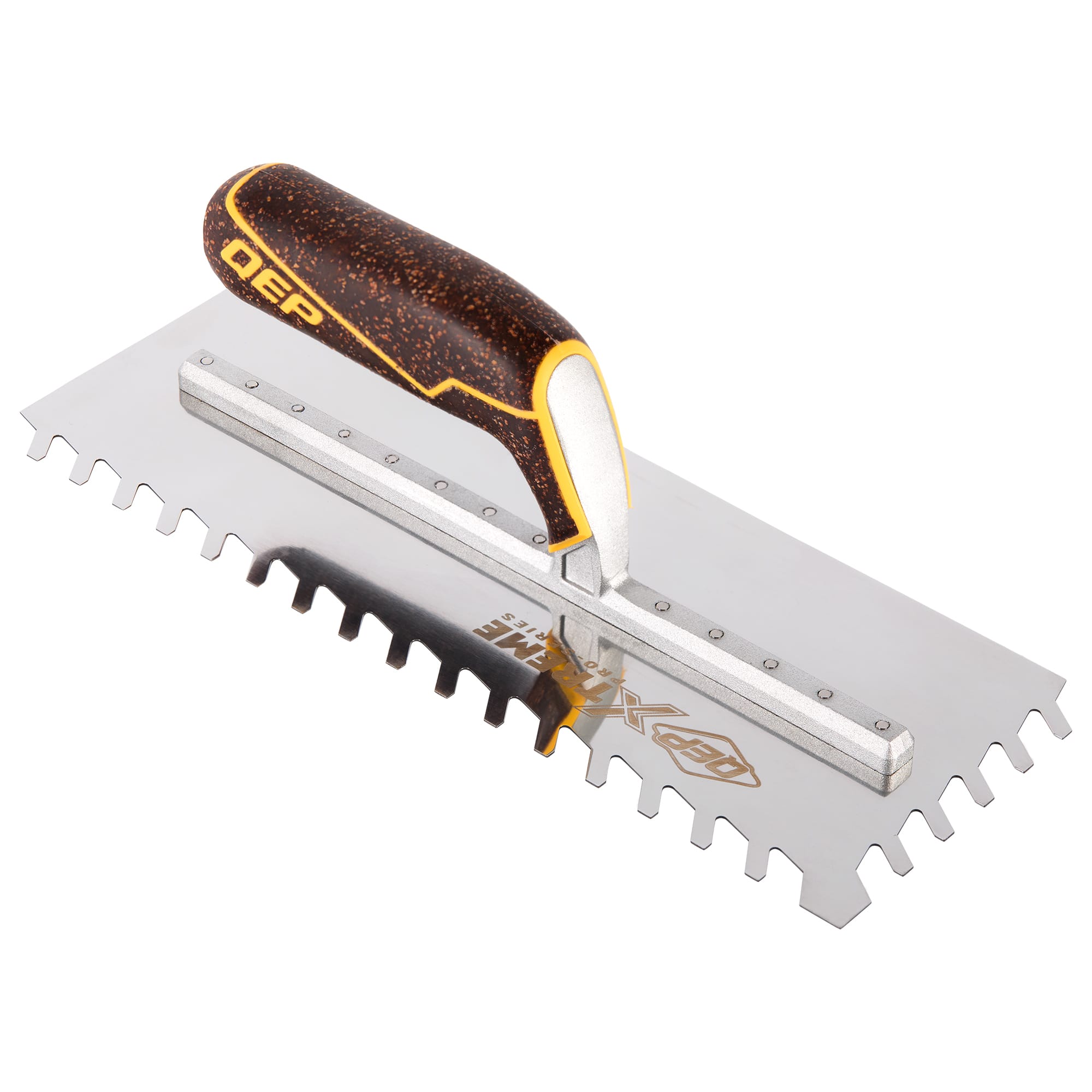 1/2" x 1/2" x 3/16" Slant Notch Stainless Steel Trowel w/ Cork Handle - 1
