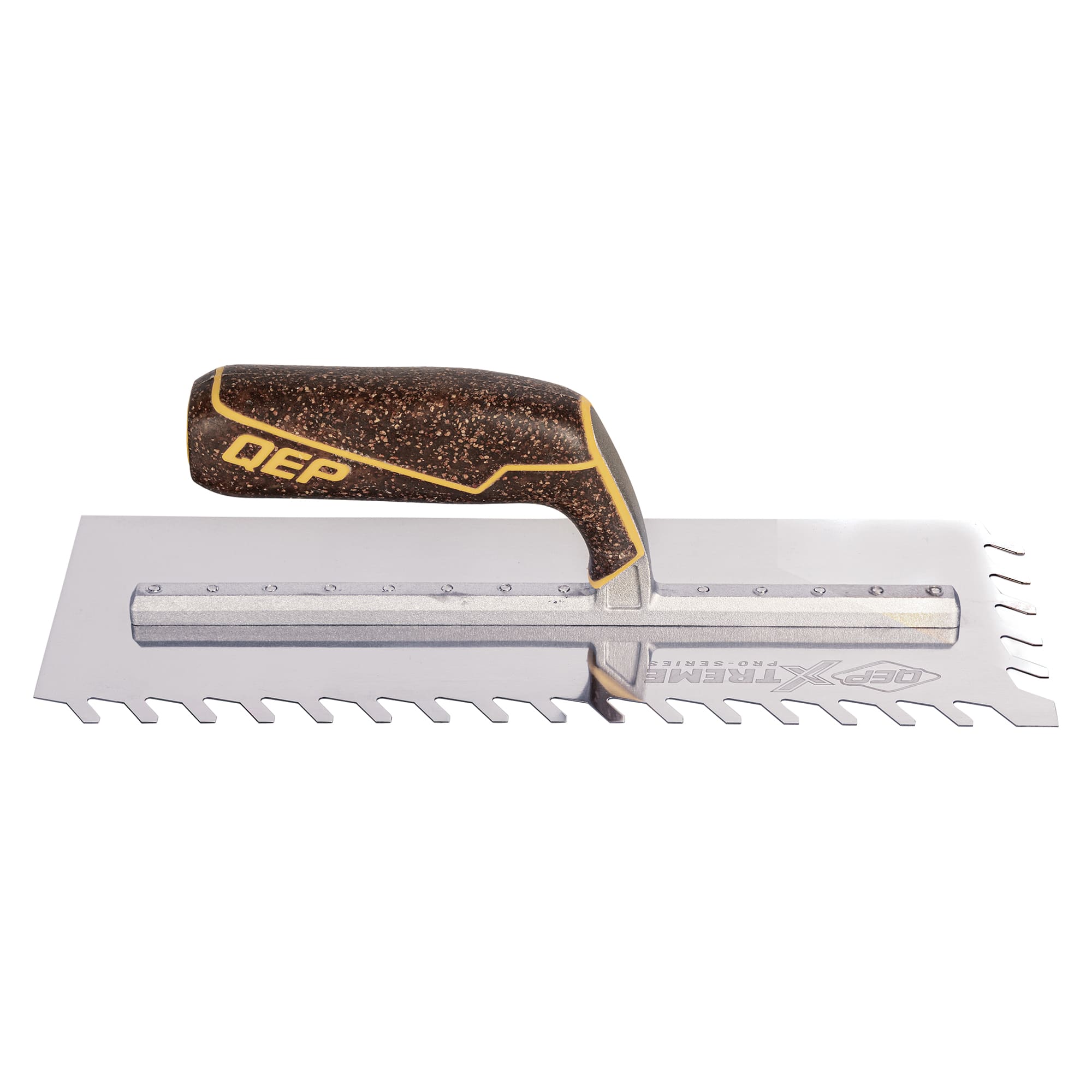 1/2" x 1/2" x 3/16" Slant Notch Stainless Steel Trowel w/ Cork Handle - 3