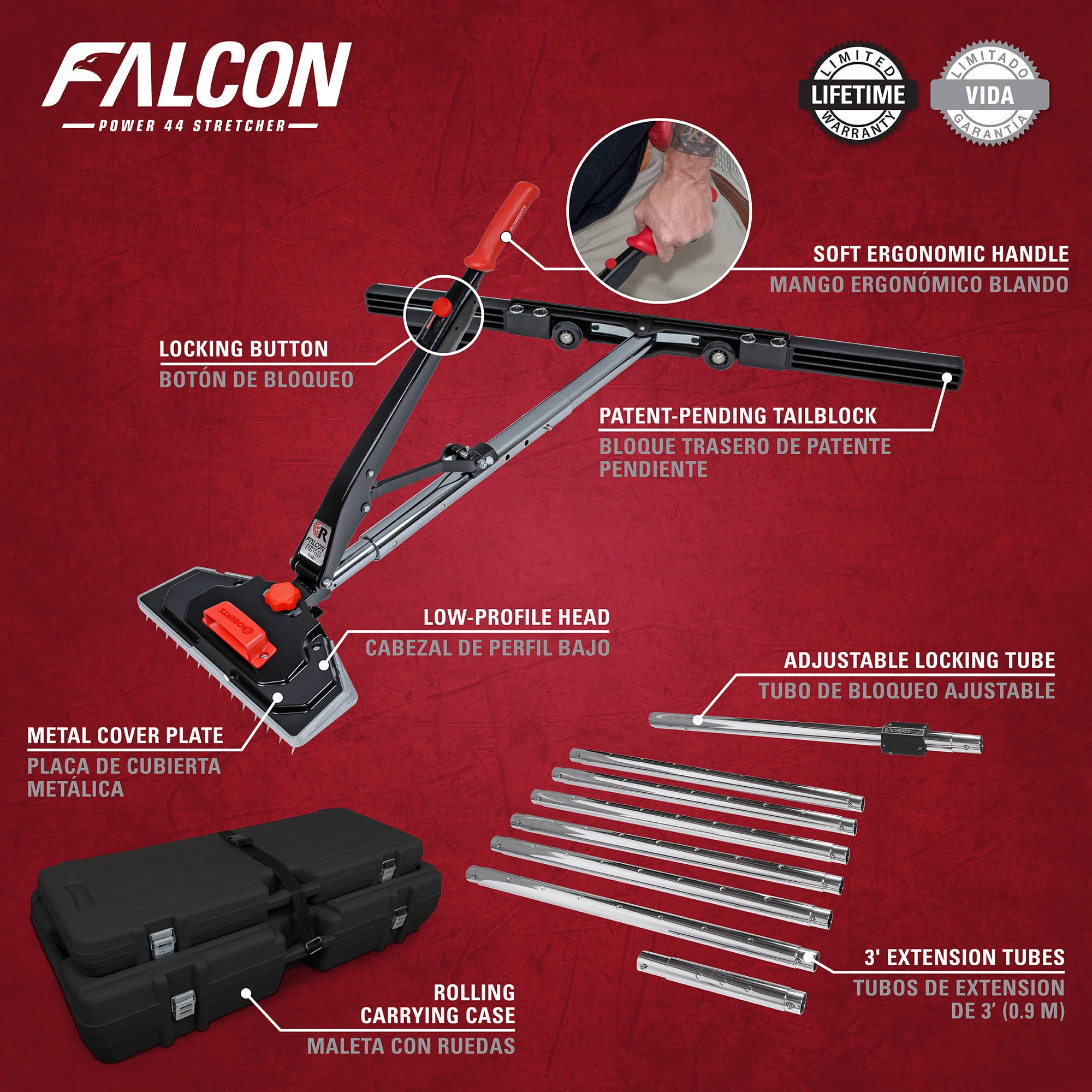 FALCON Power 44 Carpet Stretcher Value Kit - Extends to 38' - 2