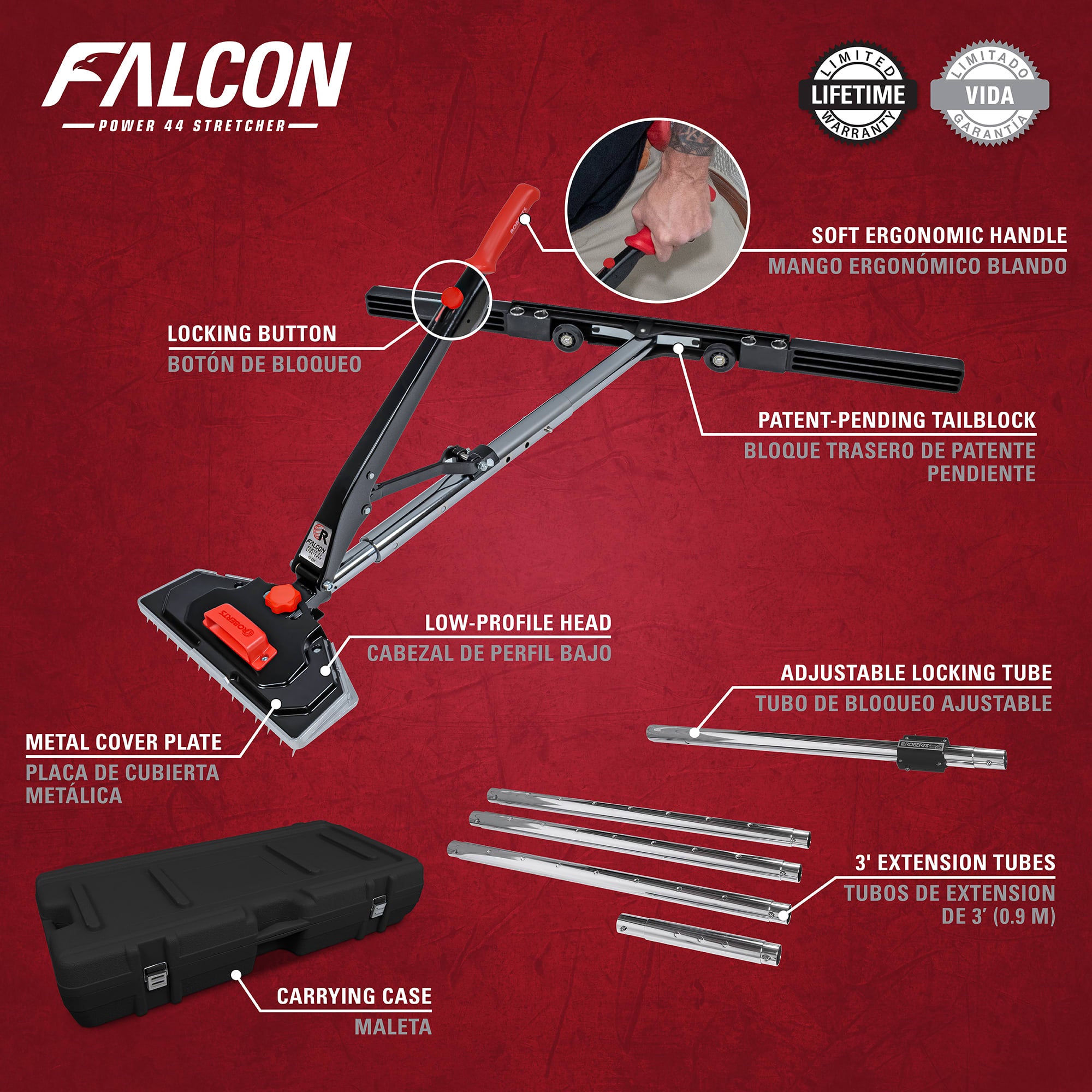 FALCON Power 44 Carpet Stretcher Standard Kit - Extends to 23.5' - 2