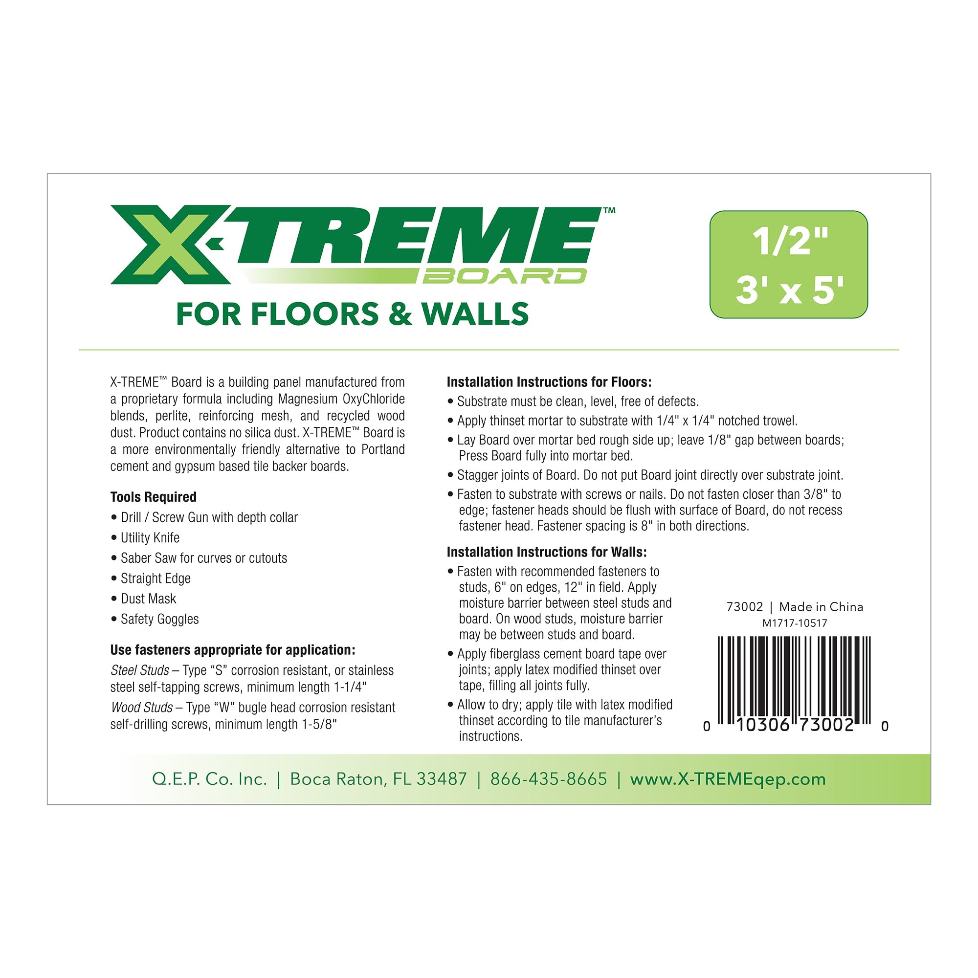 1/2" Cement Backer Board for Walls & Floors - 3' x 5' - 3